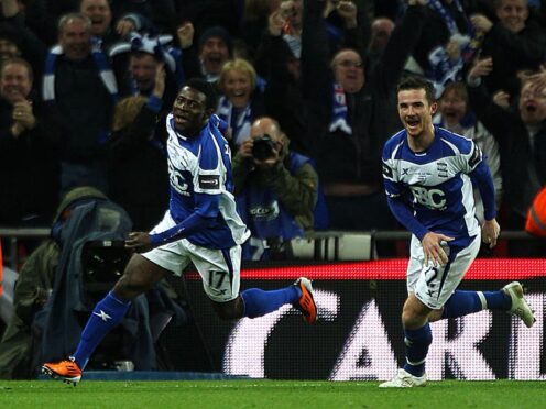 On this day in 2011, Obafemi Martins, left, scored the winner as Birmingham beat Arsenal 2-1 in the Carling Cup final (Nick Potts/PA)