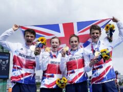 Jess Learmonth, second right, won mixed relay gold at Tokyo 2020 alongside Alex Yee, left, Georgia Taylor-Brown and Jonny Brownlee (Danny Lawson/PA)