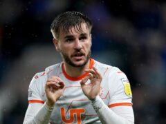 Blackpool’s Luke Garbutt gestures during the Sky Bet Championship match at the MKM Stadium, Hull. Picture date: Tuesday September 28, 2021.