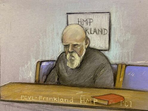 An sketch of Wayne Couzens appearing by video link from HMP Frankland at the Old Bailey (Elizabeth Cook/PA)