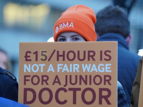 Junior doctors and members of the British Medical Association (BMA) outside St Thomas’ Hospital, London, as they took to the picket lines for six days during their continuing dispute over pay in January 2024 (Jonathan Brady/PA)