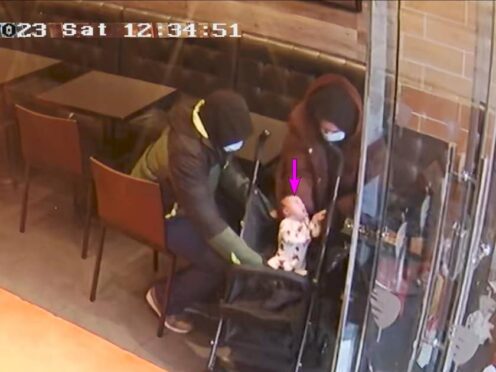 CCTV of Constance Marten, Mark Gordon and baby Victoria in a German doner kebab shop in East Ham was shown in court during their trial (Met Police/PA)
