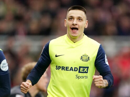 Sunderland’s Nazariy Rusyn celebrates scoring their side’s first goal of the game during the Sky Bet Championship match at the Riverside Stadium, Middlesbrough. Picture date: Sunday February 4, 2024.