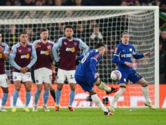 Chelsea’s Enzo Fernandez scores their third goal against Aston Villa. (David Davies/PA)