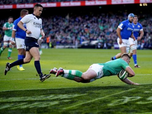 Jack Crowley scores Ireland’s first try of the game (Niall Carson/PA)