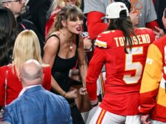 Tommy Townsend of Kansas City Chiefs celebrates the Super Bowl win with Taylor Swift (PA Wire)