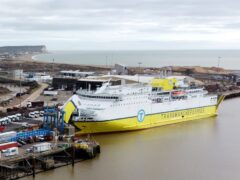 The ferry Seven Sisters at Newhaven ferry port after migrants have been found in the back of a lorry at port in East Sussex amid a large emergency services presence. Two men have been arrested and six people have been taken to hospital (PA)