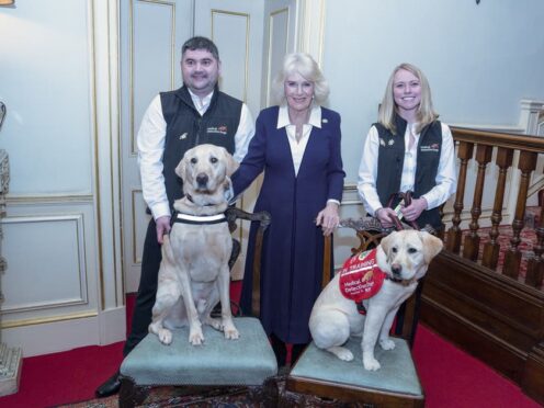 Camilla meets detection dogs Storm and Maggie at Clarence House (Arthur Edwards/The Sun/PA)