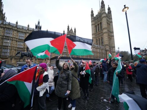 People take part in a Palestine Solidarity Campaign rally outside the Houses of Parliament (Lucy North/PA)