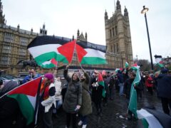 People take part in a Palestine Solidarity Campaign rally outside the Houses of Parliament, London (Lucy North/PA)