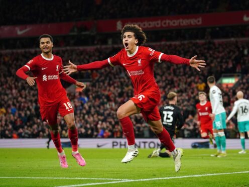 Jayden Danns celebrates scoring for Liverpool against Southampton (Peter Byrne/PA)