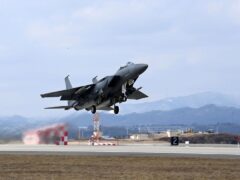 A South Korean Air Force F-15K fighter jet takes off from a South Korean Air Force base in Cheongju, South Korea (South Korea Defence Ministry via AP)