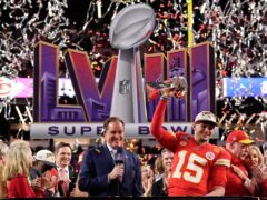 Kansas City Chiefs quarterback Patrick Mahomes celebrates after the NFL Super Bowl 58 football game against the San Francisco 49ers (John Locher/AP)