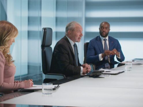 Lord Sugar, Karren and Tim sit in the boardroom (BBC/Fremantle/PA)