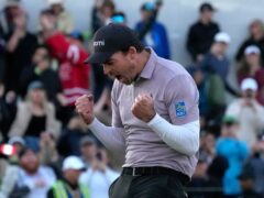 Nick Taylor, of Canada, celebrates his win over Charley Hoffman on the 18th green on the second playoff hole of the Phoenix Open (Ross D Franklin/AP)