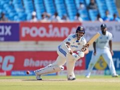India’s Yashasvi Jaiswal plays a shot on the fourth day of the third Test match between England and India in Rajkot, India (Ajit Solanki/AP)