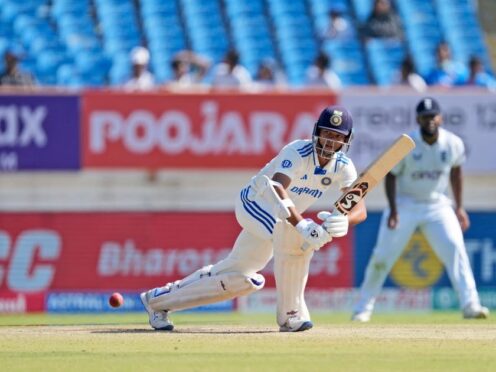 India’s Yashasvi Jaiswal plays a shot on the fourth day of the third Test match between England and India in Rajkot, India (Ajit Solanki/AP)