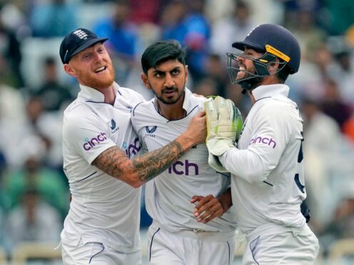 Shoaib Bashir (centre) celebrated a maiden Test five-wicket haul on Sunday (Ajit Solanki/AP)