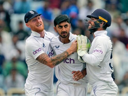 Shoaib Bashir, centre, took four of the seven India wickets to fall (Ajit Solanki/AP)