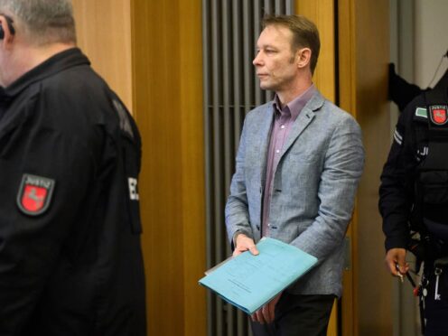 Christian B at the start of his trial at Braunschweig district court in Brunswick, Germany, on February 16 2024 (Julian Stratenschulte/dpa via AP)