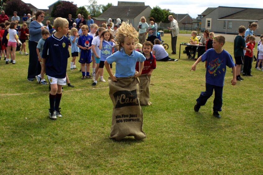 The sack race at Carlogie school sports day.