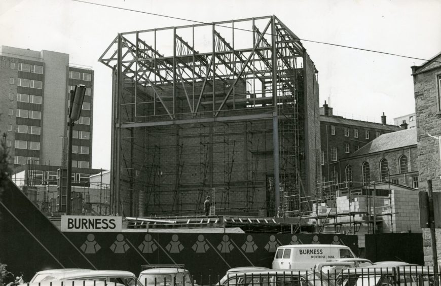 Scaffolding surrounds the nascent building as Dundee Rep is under construction in 1980. 