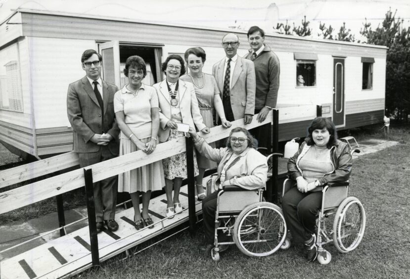 A specially-equipped caravan at Monifieth being presented to the Brittle Bone Society by the Lord's Taverners (Scotland) in May 1984.