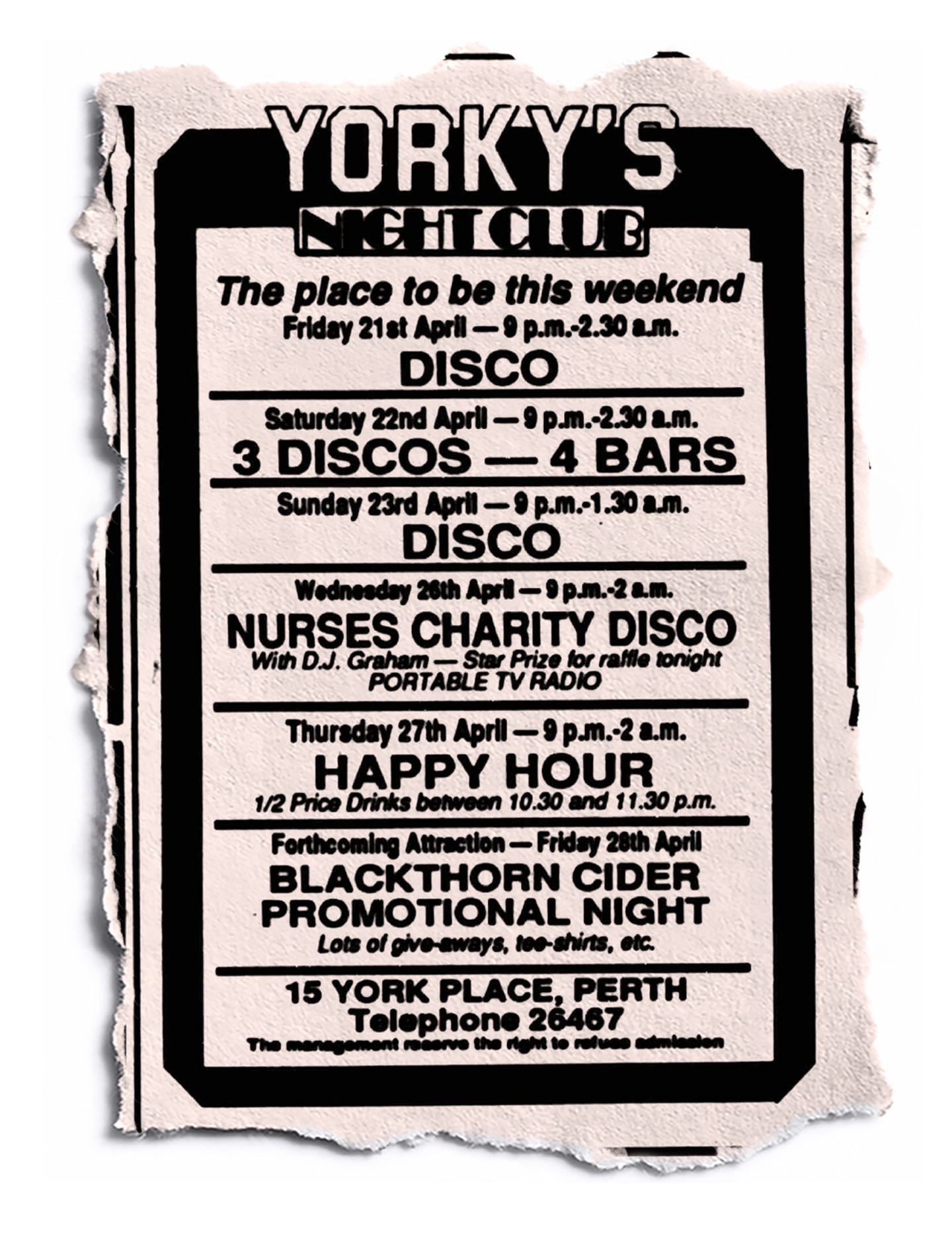 A flyer showing How the week at Yorky's looked in 1989.