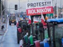 Polish farmers drive tractors in a convoy in Minsk Mazowiecki, Poland as they intensify a nationwide protest against the import of Ukrainian foods and European Union environmental policies (Czarek Sokolowski/AP)