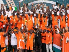 Ivory Coast players celebrate after winning the African Cup of Nations final against Nigeria (Sunday Alamba/AP).