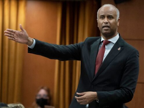 Canada’s minister of international development Ahmed Hussen talks aid for Gaza during Question Period in Ottawa (Adrian Wyld/The Canadian Press via AP