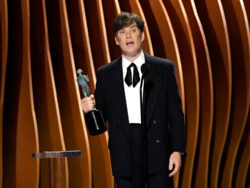 Cillian Murphy accepts the award for outstanding performance by a male actor in a leading role for Oppenheimer during the 30th annual Screen Actors Guild Awards (AP Photo/Chris Pizzello/PA)