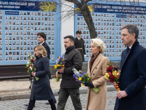 World leaders laid flowers in tribute to killed soldiers as they joined Volodymyr Zelensky in Ukraine (Ukrainian Presidential Press Office via AP)
