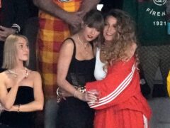 Taylor Swift and Blake Lively embrace before the NFL Super Bowl 58 football game between the San Francisco 49ers and the Kansas City Chiefs (Charlie Riedel/AP)