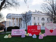 Decorations for Valentine’s Day adorned the White House lawn (AP)
