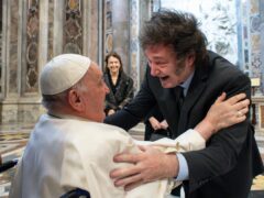 The Pope and Argentine President Javier Milei embraced in St Peter’s Basilica at the Vatican on Sunday as Francis canonised the country’s first female saint (Vatican Media/AP/HO)