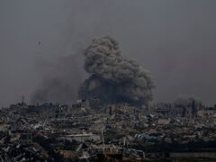 Smoke and explosions rise inside the Gaza Strip, as seen from southern Israel, on Sunday, March 17 2024 (Ariel Schalit/AP)
