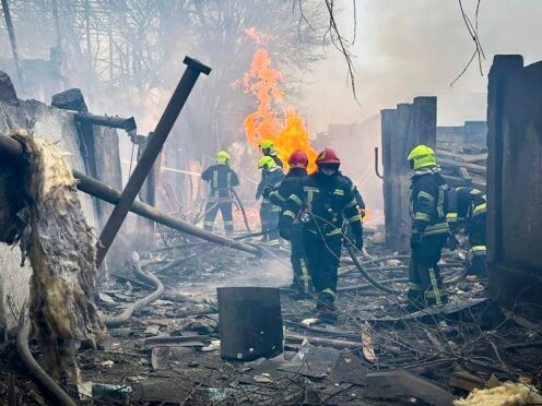 Emergency services work at the scene of a Russian attack in Odesa (Ukrainian Emergency Service via AP)