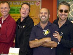 (L-R) Gary Kemp from Spandau Ballet, Joe Strummer, from The Clash, Keith Allen, from Fat Les and Carl Walinger from World Party (Kirsty Wigglesworth/PA)