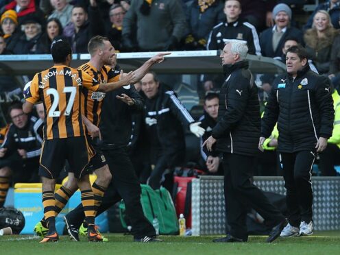 Alan Pardew, second right, was hit with a seven-game ban after his confrontation with David Meyler (Lynne Cameron/PA)