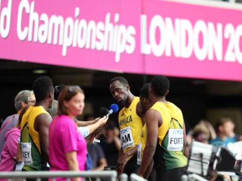 Jamaica’s Usain Bolt (second from right) after the men’s 4x100m relay at the 2017 World Athletics Championships in London (Jonathan Brady/PA).