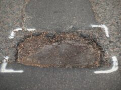 A pothole on a road in Islington, London.