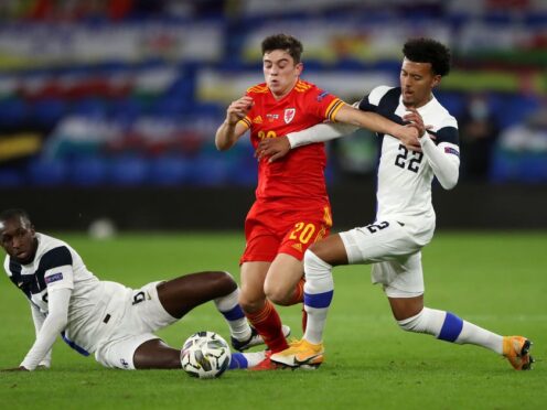 Daniel James (centre) is set to do battle against Finland again in Wales’ Euro 2024 play-off semi-final (Nick Potts/PA)