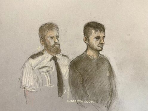 Court artist sketch of Jake Hill in the dock at Truro Magistrates’ Court charged with murder (Elizabeth Cook/PA)