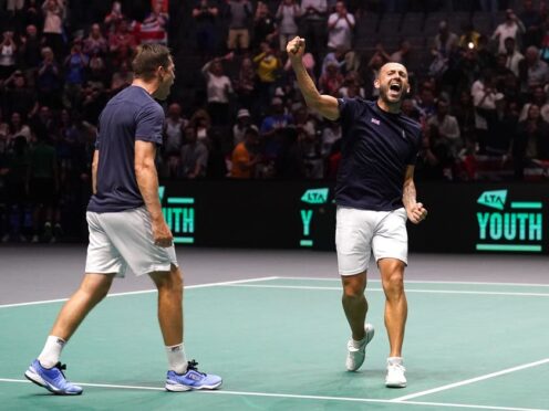 Great Britain’s Neal Skupski and Dan Evans celebrate victory over France in the Davis Cup last year (Martin Rickett/PA)