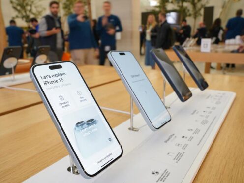The new Apple iPhone 15 on display inside the tech giant’s flagship store in Regent Street, central London (Jonathan Brady/PA)