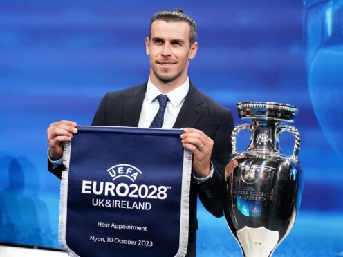 Wales delegate Gareth Bale holds a UEFA Euro 2028 pennant (Mike Egerton/PA)