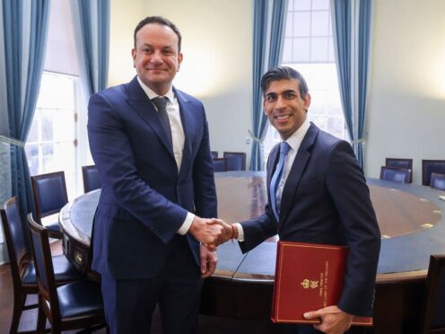 Taoiseach Leo Varadkar with Prime Minister Rishi Sunak at Parliament Buildings in Belfast, following the restoration of the powersharing executive (Government of Ireland/PA)