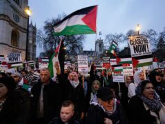 People take part in a Palestine Solidarity Campaign rally outside the Houses of Parliament, London, as MPs debate calls for a ceasefire in Gaza (Lucy North/PA)