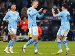 Manchester City’s Erling Haaland (centre) celebrates scoring his side’s third goal against Copenhagen (Nick Potts/PA)
